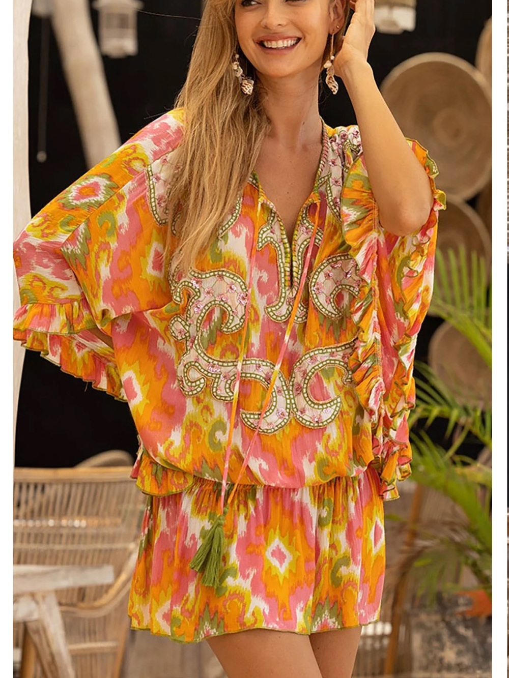 Miss June Paris NWT mavis mini dress ONE SIZE tropical boho embroidered